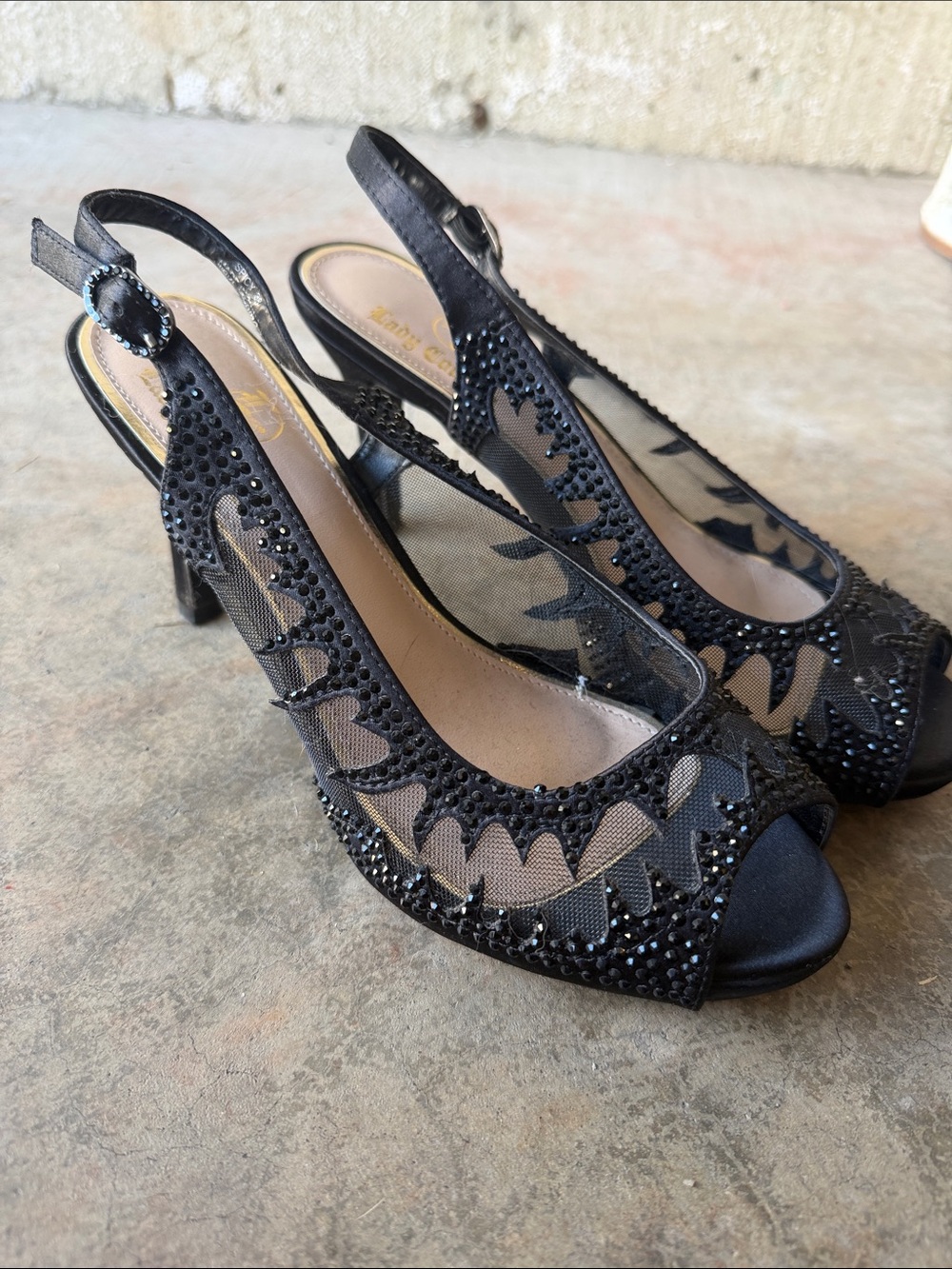 Women's Black Crystal Mesh Peep-Toe Slingback Heels